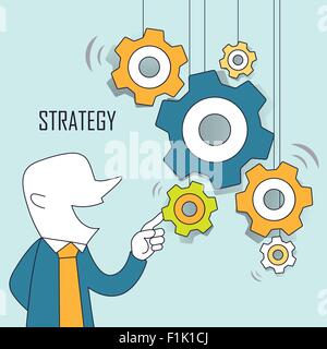 strategy concept: businessman pointing at gears in line style Stock Vector