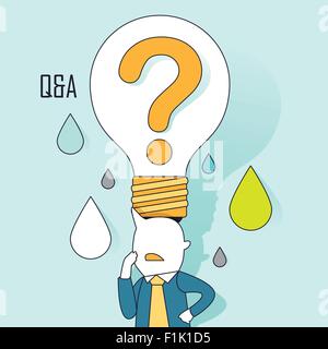 question and answer concept: a big question bulb on businessman's head in line style Stock Vector