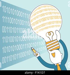 process coding concept: businessman writing program in line style Stock Vector