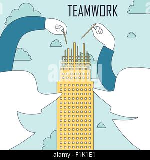 teamwork concept: two people constructing a building together in line style Stock Vector