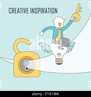 creative inspiration concept: businessman sitting on flying bulbs with padlock in line style Stock Vector