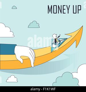money up concept: a man sitting on a flying paper plane in line style Stock Vector