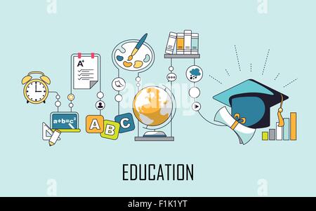 education concept: learning elements and graduation cap in line style Stock Vector