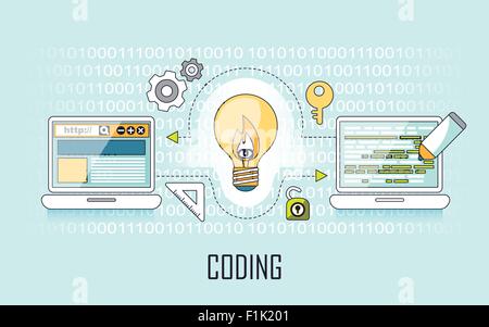 coding concept: lighting bulb and laptop in line style Stock Vector