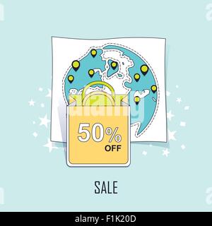 sale concept: 50 percent off written on a shopping bag in line style Stock Vector