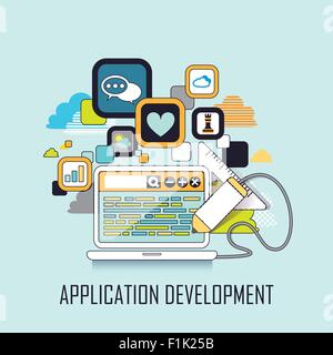 application development concept: apps and laptop in line style Stock Vector
