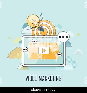 video marketing concept: showing video on tablet in line style Stock Vector