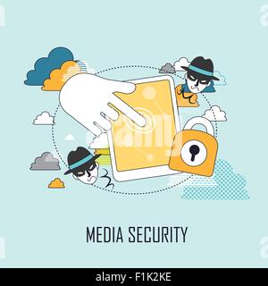 media security concept: table and info thief in line style Stock Vector