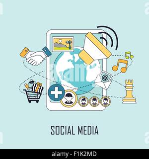 social media concept: diverse information jumping out from tablet in line style Stock Vector