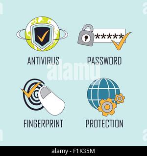 security concept: antivirus-password-fingerprint-protection in line style Stock Vector