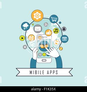 mobile apps concept: apps flying out from the mobile in line style Stock Vector