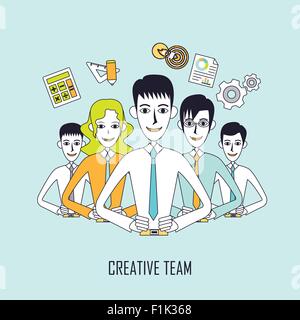 creative team concept: business team lined up in flat line style Stock Vector