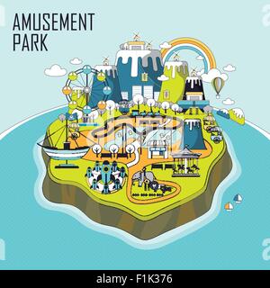 amusement park elements on an island in line style Stock Vector