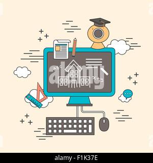 distance education concept: computer with education elements in line style Stock Vector