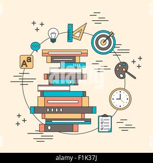 tutorial concept: a pile of books and education elements in line style Stock Vector