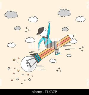 future growth concept: businessman riding flying bulb pencil to the sky in line style Stock Vector