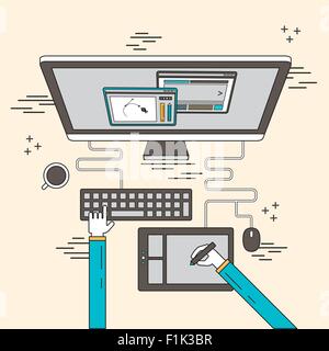 top view of modern workplace in line style Stock Vector