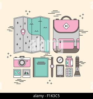 outdoor tourism necessary items in flat line style Stock Vector