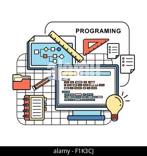 programing concept: web page and laptop in line style Stock Vector