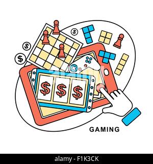 gaming concept: a hand touching slot machine in line style Stock Vector