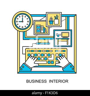 business interior concept: lovely workplace scene in line style Stock Vector