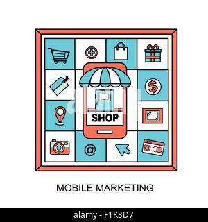 mobile marketing concept: shopping related elements in line style Stock Vector