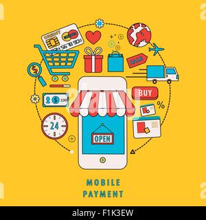 mobile payment concept with related elements in flat line design Stock Vector