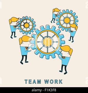 teamwork concept: businessmen rotating gears in line style Stock Vector