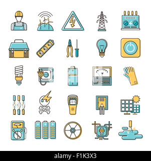 electricity related flat line icons set over white background Stock Vector