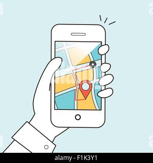 mobile gps navigation concept: a man holding smartphone in flat line design Stock Vector