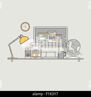 personal workplace concept in flat line style Stock Vector