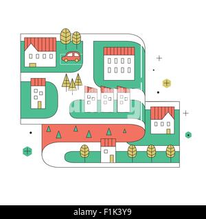street map of small town in thin line flat design Stock Vector