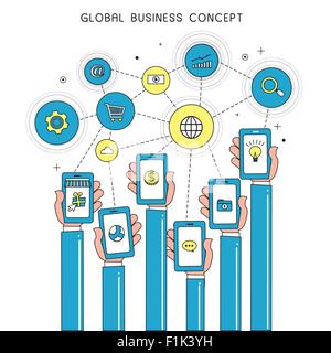 global business concept with devices in thin line style Stock Vector