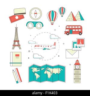 adorable travel elements in thin line style Stock Vector