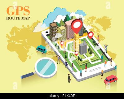 flat 3d isometric design of GPS route map concept Stock Vector
