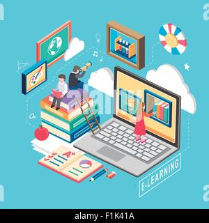 flat 3d isometric design of e-learning concept Stock Vector