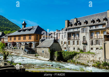 The city hall and the River Aure at Arreau, Hautes Pyrenees, France Stock Photo