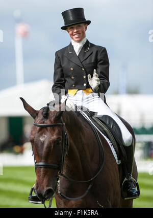 Stamford,  UK. 3rd September, 2015. Rosalind Canter (GBR) and Allstar B [#24] during the dressage phase on the first day of competition. The Land Rover Burghley Horse Trials 2015 Credit:  Stephen Bartholomew/Alamy Live News Stock Photo