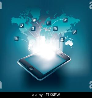 Smart Phone Vector Illustration with icons and World Map Stock Vector