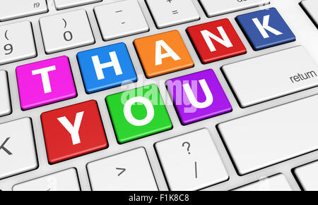 Thank you sign and letters on laptop computer keyboard marketing and customers thanks giving concept 3d illustration. Stock Photo