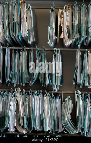 Goettingen, Germany. 27th Aug, 2015. Numerous folders concerning family legal affairs are hanging on display in a filing cabinet in an office at the local district court in Goettingen, Germany, 27 August 2015. Photo: Swen Pfoertner/dpa/Alamy Live News Stock Photo