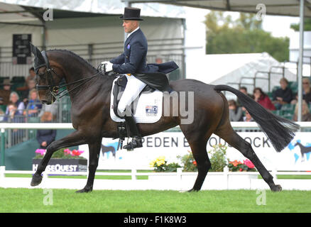 Stamford, UK. 3rd September, 2015. Land Rover Burghley Horse Trials 2015, Stamford England.  Andrew Hoy (AUS) ridingÊRutherglen  during the dressage phase (day 1 of 2) Credit:  Julie Priestley/Alamy Live News Stock Photo
