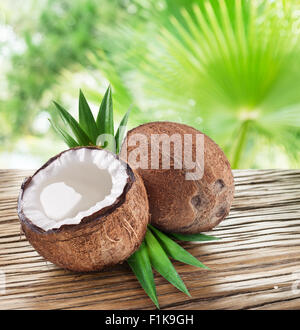 Coconuts on the wooden table with nature on the background. Stock Photo
