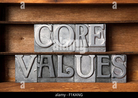 core values phrase made from metallic letterpress type on wooden tray Stock Photo