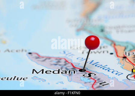 Medan pinned on a map of Asia Stock Photo