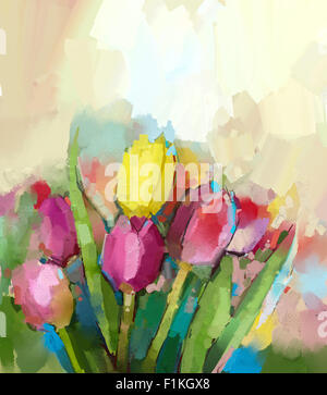 Tulips flowers oil painting. Oil paint yellow and red tulip flower field. Spring season nature background. Stock Photo