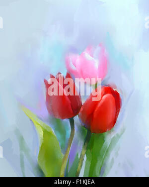 Oil painting Tulips flowers- Still life red tulip flower with green leaf Stock Photo