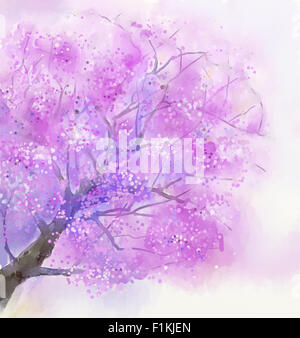 Watercolor  painting of tree in blossom with pink flowers Stock Photo