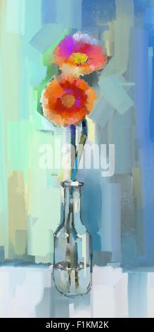 Oil painting still life of red Gerbera flowers in glass vase with blue color background Stock Photo