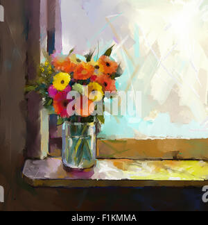 Oil Painting Bouquet of daisy and gerbera flowers,Glass vase with flowers in front of the window Stock Photo